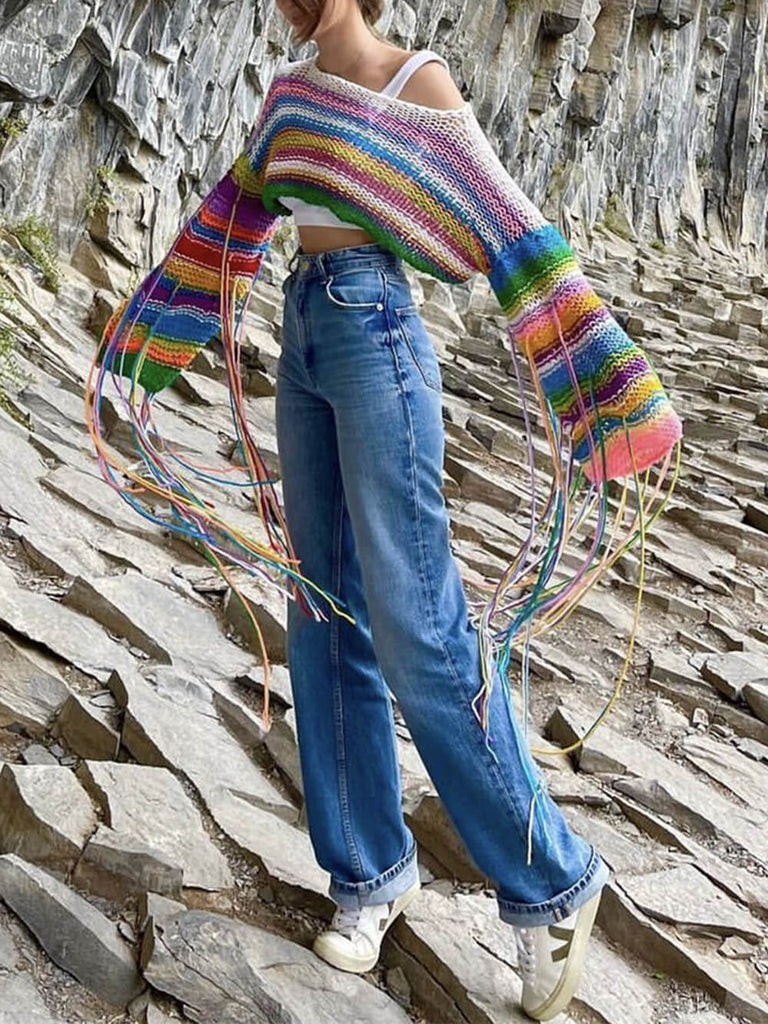 Rainbow Tassel Loose Sweater