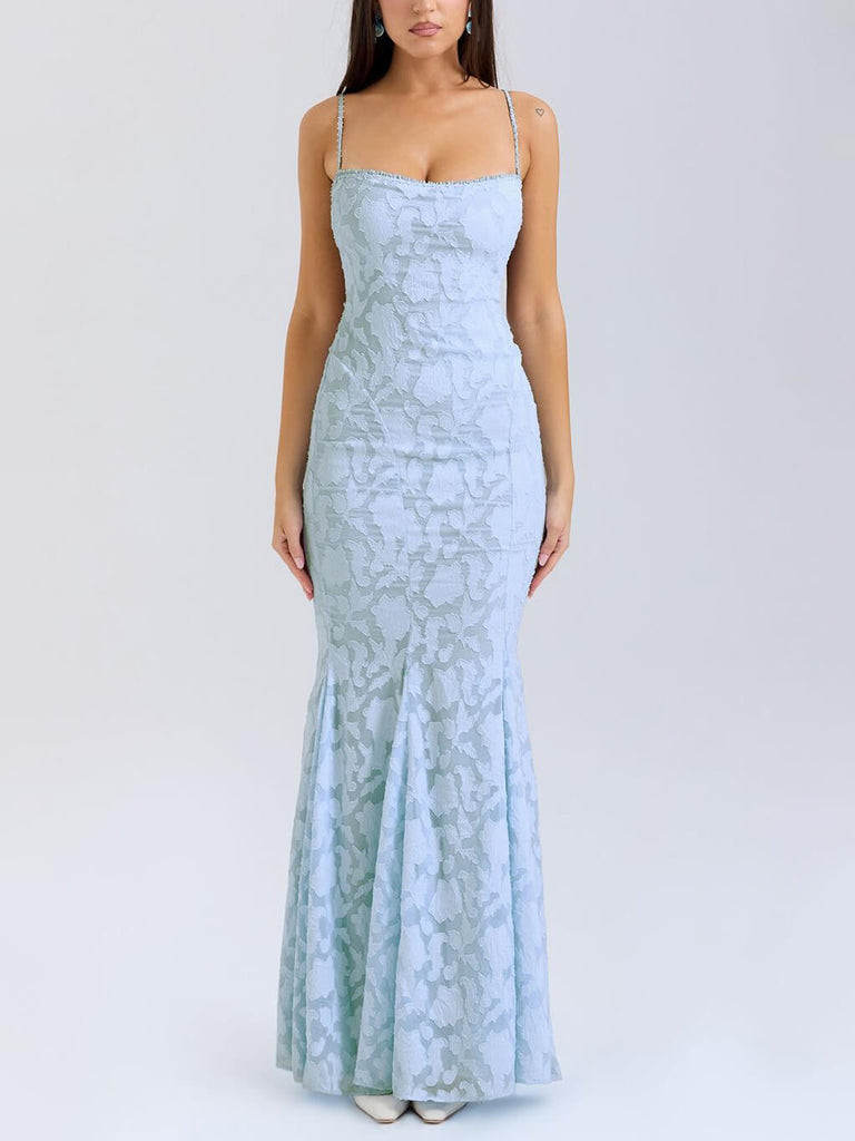 Elegant Blue Jacquard Sexy Suspender Fishtail Maxi Dress