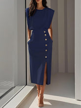 Load image into Gallery viewer, Off White Button Slit Crew Neck Sheath Midi Dress
