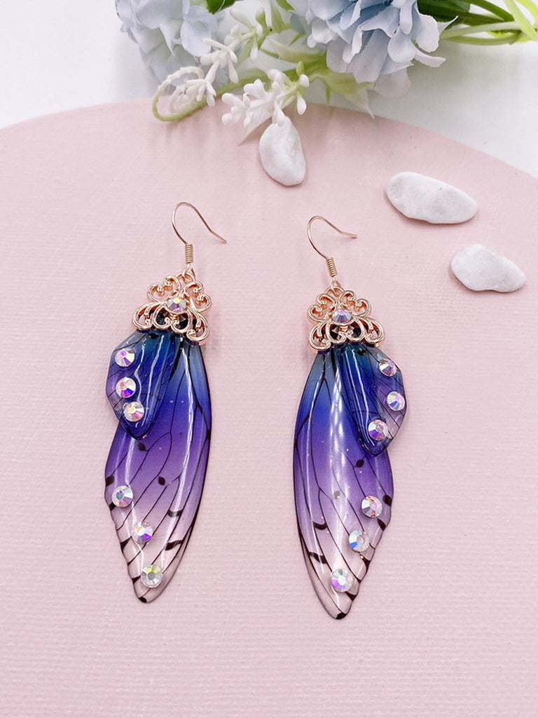 Boucles d'oreilles en cristal d'aile de cigale avec strass bleu et ailes de papillon