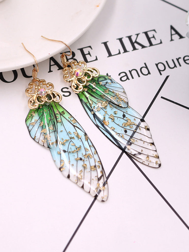 Boucles d'oreilles ailes de cigale en cristal strass vert aile de papillon 