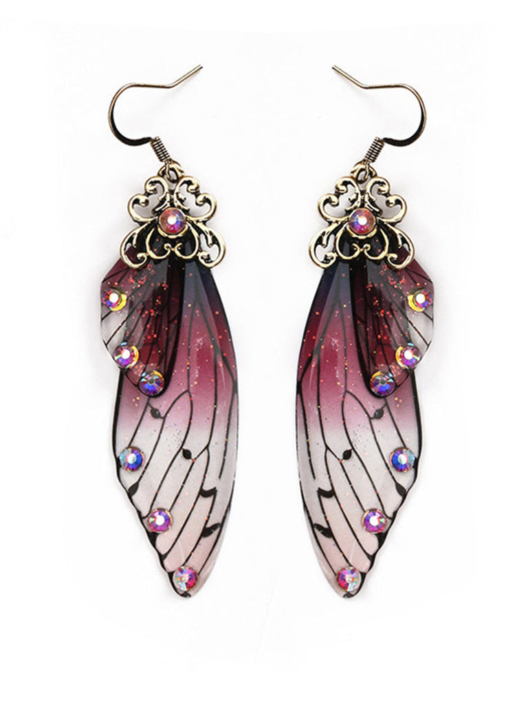 Boucles d'oreilles ailes de papillon en cristal violet avec strass et ailes de cigale