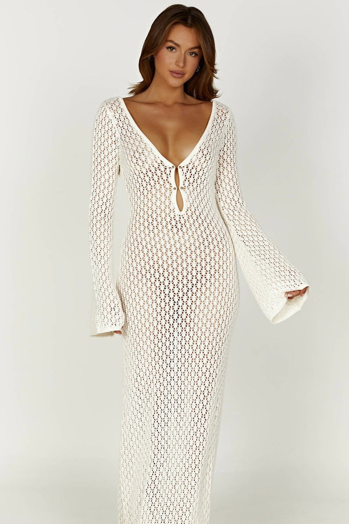 aikergood Augusta Crochet Fishtail Flare Sleeve Maxi Dress