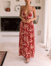 Load image into Gallery viewer, Red Floral Print Plunge Neckline Maxi Dress