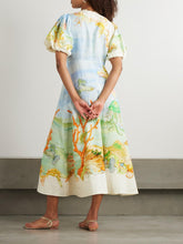 Load image into Gallery viewer, Gathered Printed Linen-Gauze Midi Dress