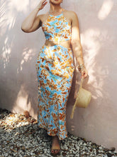 Load image into Gallery viewer, Knotted Cut Out Midi Dress in Baby Blue and Orange Floral