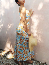 Load image into Gallery viewer, Knotted Cut Out Midi Dress in Baby Blue and Orange Floral