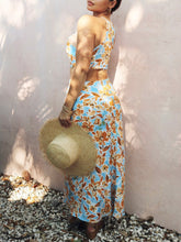 Load image into Gallery viewer, Knotted Cut Out Midi Dress in Baby Blue and Orange Floral