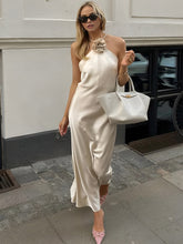 Indlæs billede til gallerivisning Satin Rosette Decor Halter Midi Dress