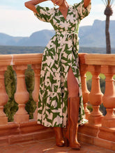 Load image into Gallery viewer, V-Neck Short-Sleeved Slit Printed Maxi Dress