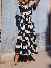 Load image into Gallery viewer, Puff Sleeve V-Neck Geometric Print Midi Dress