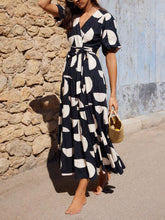 Load image into Gallery viewer, Puff Sleeve V-Neck Geometric Print Midi Dress