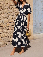 Load image into Gallery viewer, Puff Sleeve V-Neck Geometric Print Midi Dress