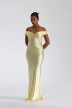 Load image into Gallery viewer, Off Shoulder Satin Maxi Dress