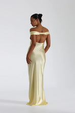 Load image into Gallery viewer, Off Shoulder Satin Maxi Dress