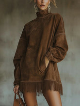 Load image into Gallery viewer, Faux Suede Turtleneck Dress With Fringe Hem