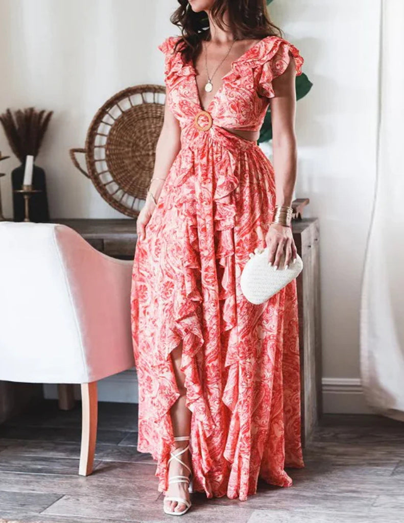 Butterfly Sleeve Print Ruffle Slit Dress