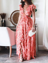 Laden Sie das Bild in den Galerie-Viewer, Butterfly Sleeve Print Ruffle Slit Dress