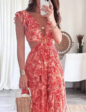 Load image into Gallery viewer, Butterfly Sleeve Print Ruffle Slit Dress