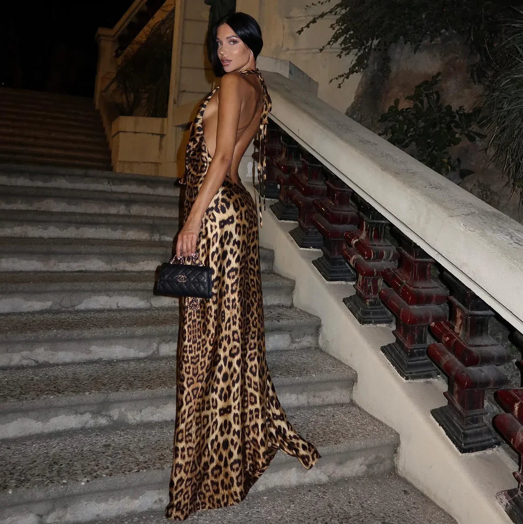 aikergood Fierce Allure Backless Leopard Print Maxi Dress