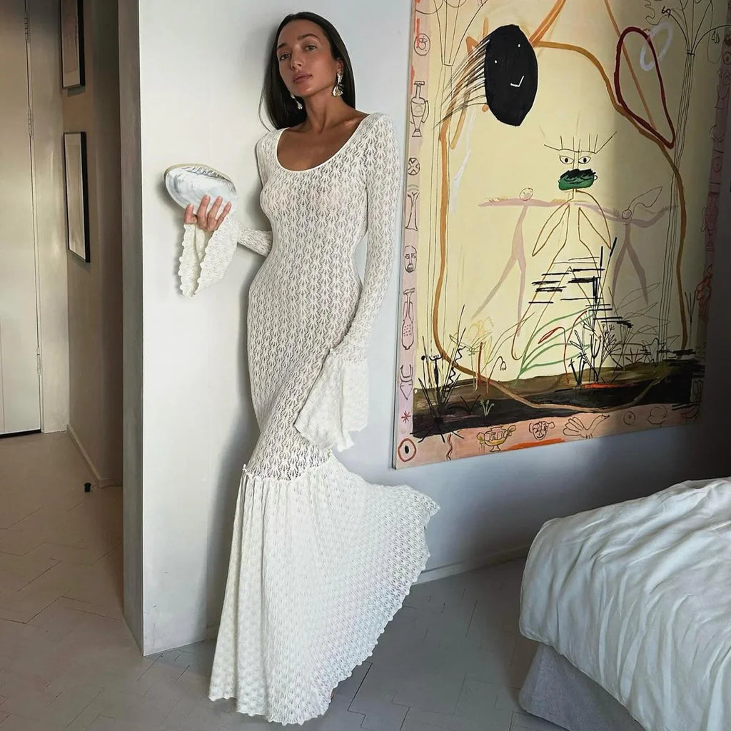 aikergoodPure Crochet Flare Sleeve Maxi Dress