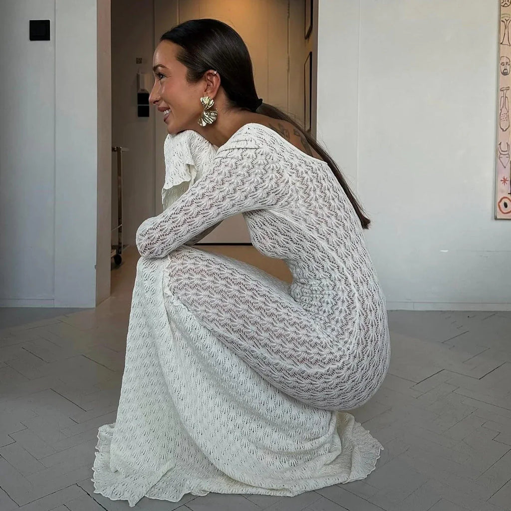 aikergoodPure Crochet Flare Sleeve Maxi Dress