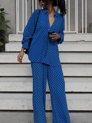 Exquisite satin dark check loose side pocket wide-leg pants