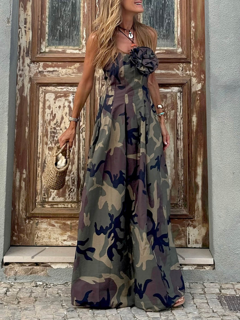 Fashionable Strapless Camouflage Print Maxi Dress