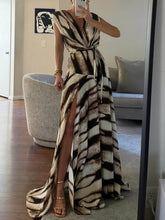 Load image into Gallery viewer, Retro Ink Stripe Print V-Neck Slit Maxi Dress