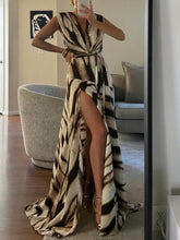 Load image into Gallery viewer, Retro Ink Stripe Print V-Neck Slit Maxi Dress