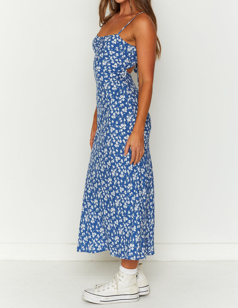 Robe mi-longue fleurie bleue Delphine