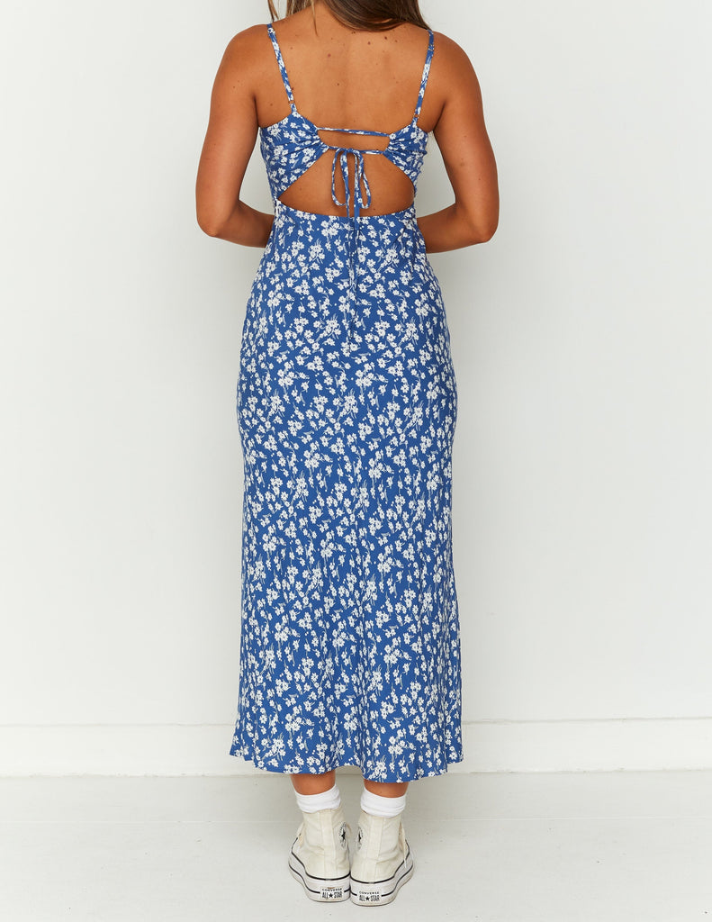 Robe mi-longue fleurie bleue Delphine