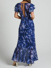 Load image into Gallery viewer, V Neck Flutter Sleeve Maxi Dress In Navy Swirl