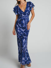 Load image into Gallery viewer, V Neck Flutter Sleeve Maxi Dress In Navy Swirl