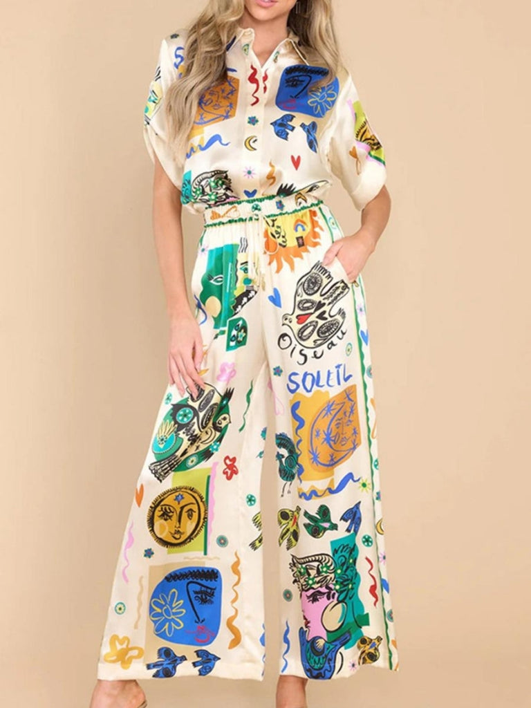 Casual Graffiti Printing Loose Satin Suit