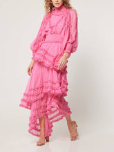 Laden Sie das Bild in den Galerie-Viewer, Stand Collar Tierred Ruffles Lantern Sleeve Midi Dress