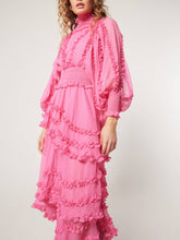 Laden Sie das Bild in den Galerie-Viewer, Stand Collar Tierred Ruffles Lantern Sleeve Midi Dress