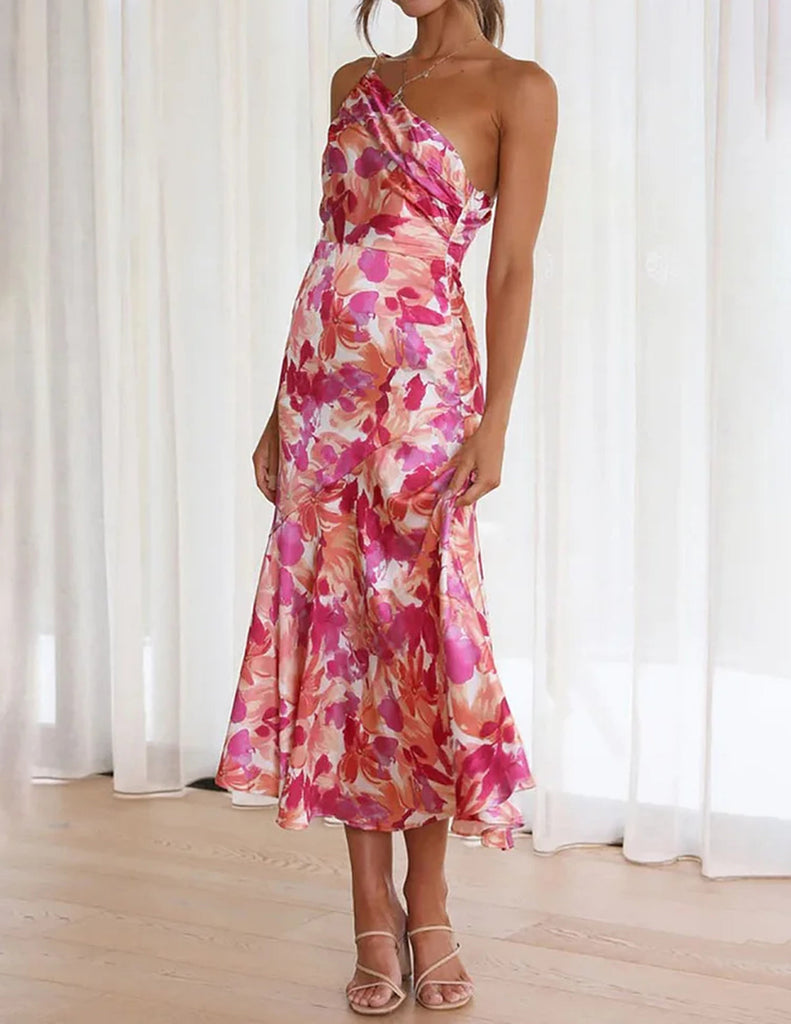 Pink Floral One Shoulder Ruched Satin Dress