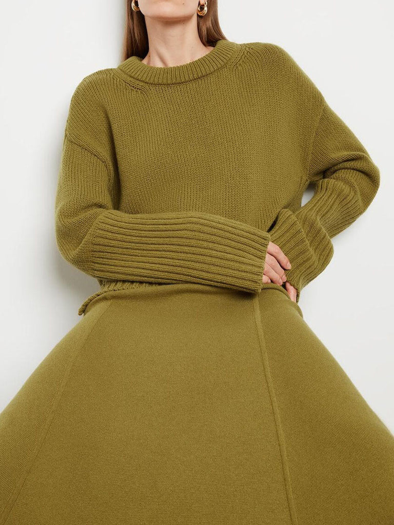 High-Cuff Crewneck Sweater Skirt Set