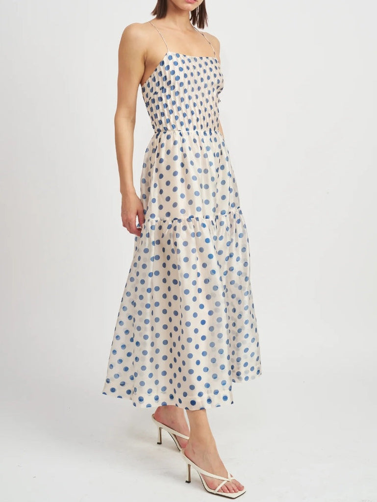 Blue Spot Tie-Strap Halter Dress