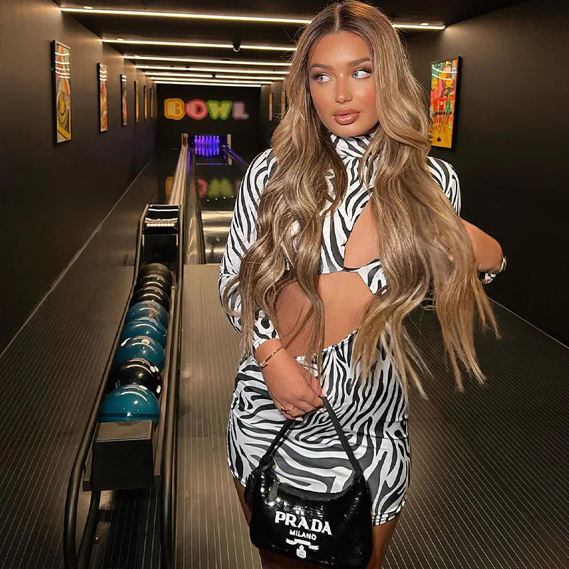 aikergoodSafari ¨¤ Imprim¨¦ Z¨¨bre High Neck Bodycon Cut Out Mini Dress