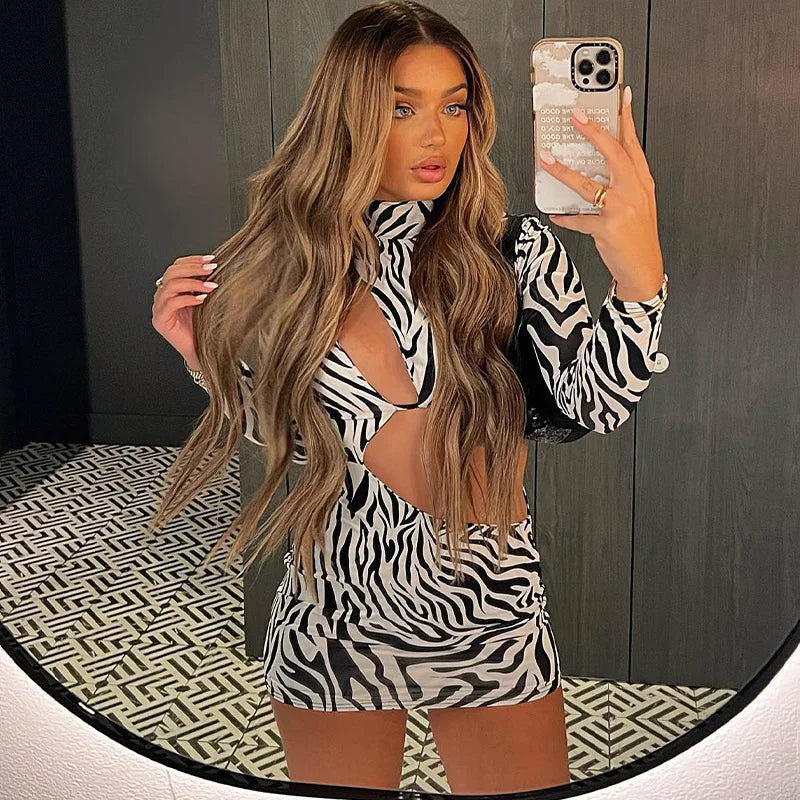 aikergoodSafari ¨¤ Imprim¨¦ Z¨¨bre High Neck Bodycon Cut Out Mini Dress