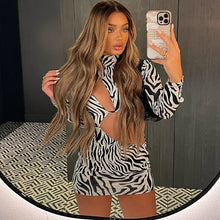 Load image into Gallery viewer, aikergoodSafari ¨¤ Imprim¨¦ Z¨¨bre High Neck Bodycon Cut Out Mini Dress