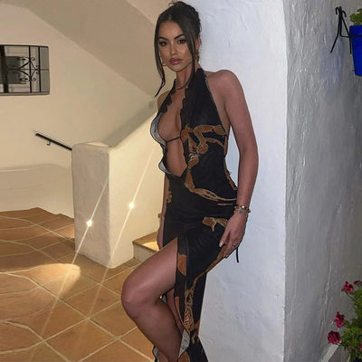 aikergoodPiq?re De Scorpion Halter Bodycon Backless Mini Dress