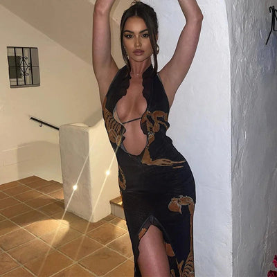 aikergoodPiq?re De Scorpion Halter Bodycon Backless Mini Dress