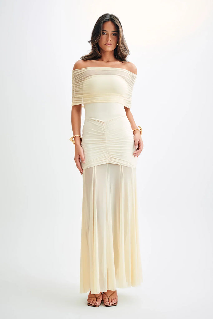 aikergood Caspian Slinky And Mesh Off Shoulder Maxi Dress