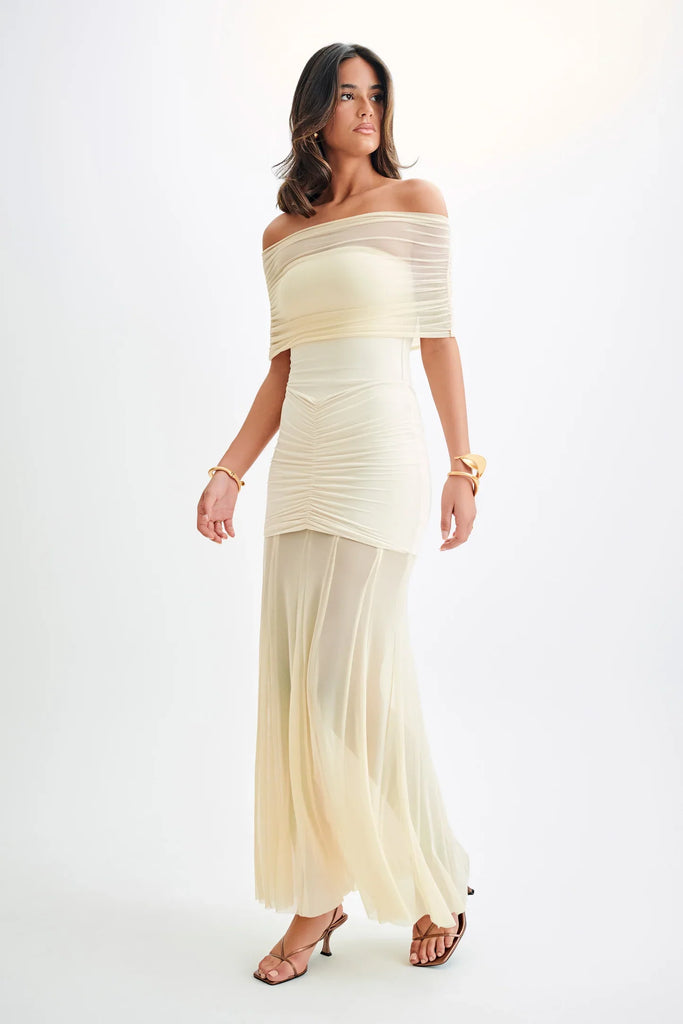 aikergood Caspian Slinky And Mesh Off Shoulder Maxi Dress