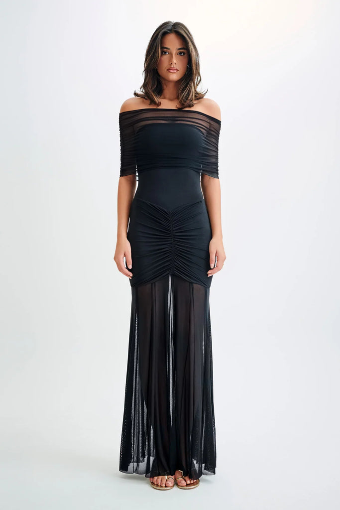 aikergood Caspian Slinky And Mesh Off Shoulder Maxi Dress