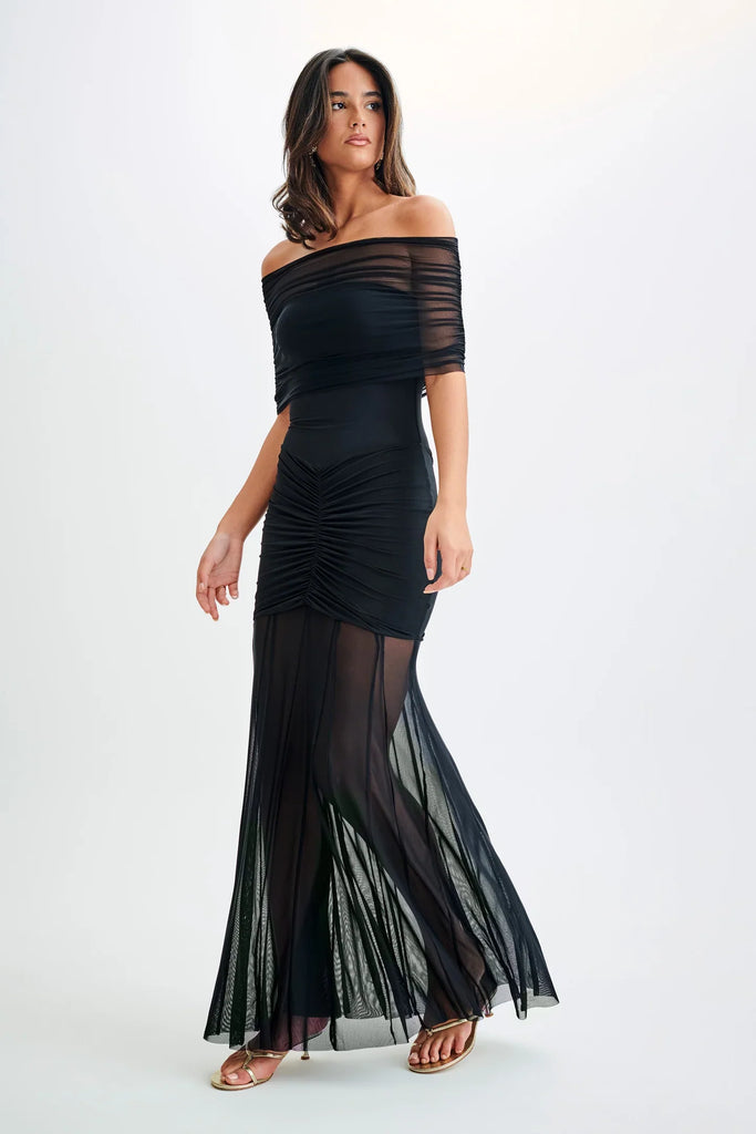 aikergood Caspian Slinky And Mesh Off Shoulder Maxi Dress