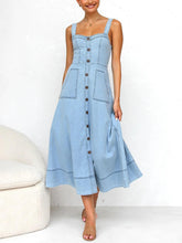 Lataa kuva Galleria-katseluun, Denim Suspender Casual Button Midi Dress